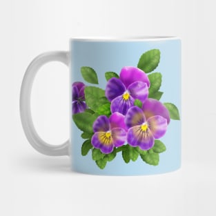 Beautiful Pansy Flowers Violet Viola Tricolor Floral Pattern. Watercolor Hand Drawn Decoration. Spring colorful pansies in bloom garden flowers. Mug